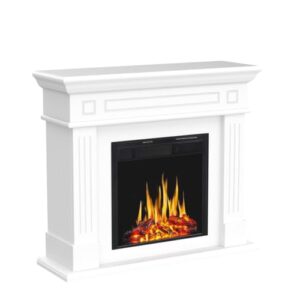 R.W.FLAME 27” Electric Fireplace Mantel Wooden Surround Firebox, TV Stand with Freestanding Electric Fireplace, Remote Control, Adjustable Led Flame, 750W/1500w Off White