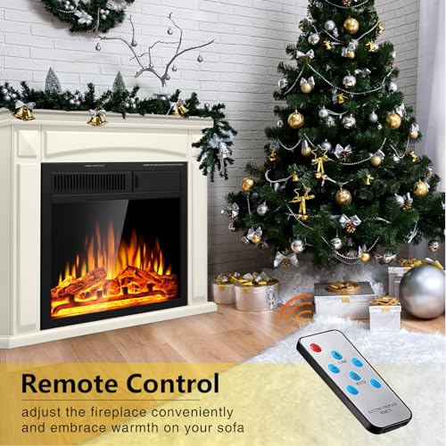 R.W.FLAME 27” Electric Fireplace Mantel Wooden Surround Firebox, TV Stand with Freestanding Electric Fireplace, Remote Control, Adjustable Led Flame, 750W/1500w Off White