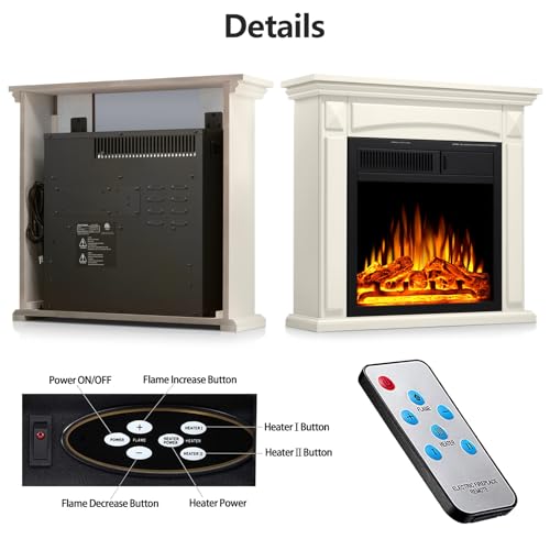 R.W.FLAME 27” Electric Fireplace Mantel Wooden Surround Firebox, TV Stand with Freestanding Electric Fireplace, Remote Control, Adjustable Led Flame, 750W/1500w Off White