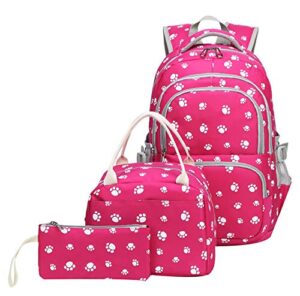 jiayou school backpack dog paw prints daypack for teens girls primary school students(rose 3pcs,20l)