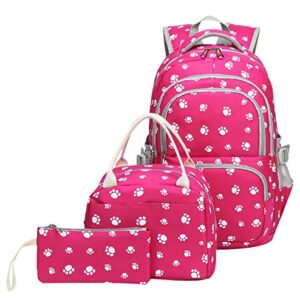 JiaYou School Backpack Dog Paw Prints Daypack For Teens Girls Primary School Students(Rose 3PCS,20L)