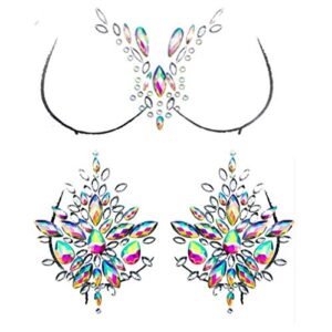 rhinestone body gems stickers, mermaid chest gems and breast pasties jewelry makeup set, crystals body jewels glitter music edc decorations for festival rave party outfit, 2-pack
