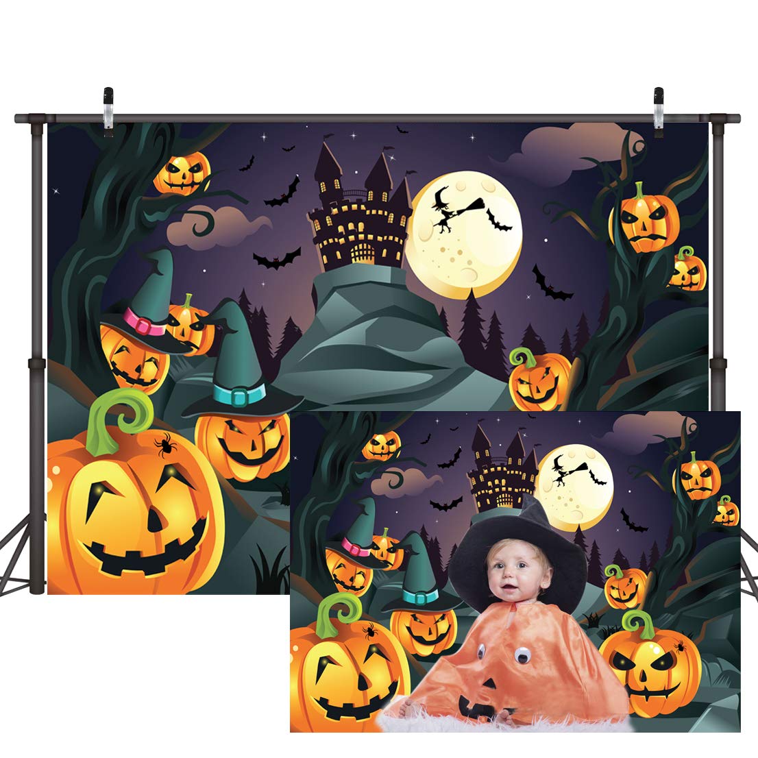 CYLYH 7x5ft Halloween Themed Photography Backdrop Castle Pumpkin Head Flying Bats Under Moonlight Background Photo Studio Props D188