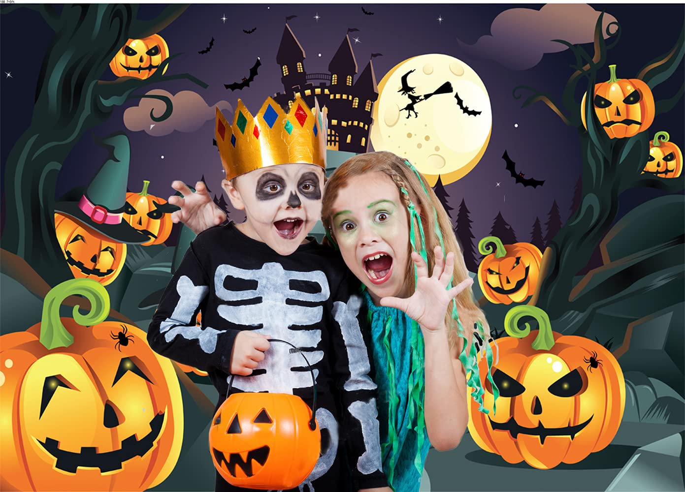 CYLYH 7x5ft Halloween Themed Photography Backdrop Castle Pumpkin Head Flying Bats Under Moonlight Background Photo Studio Props D188