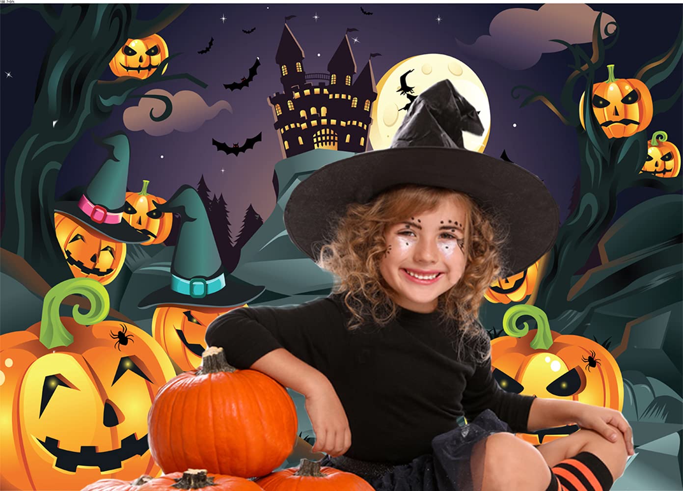 CYLYH 7x5ft Halloween Themed Photography Backdrop Castle Pumpkin Head Flying Bats Under Moonlight Background Photo Studio Props D188