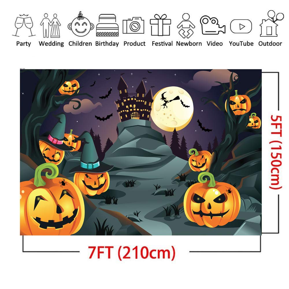 CYLYH 7x5ft Halloween Themed Photography Backdrop Castle Pumpkin Head Flying Bats Under Moonlight Background Photo Studio Props D188