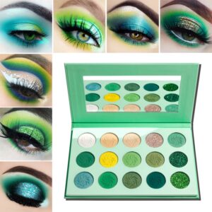 afflano green eyeshadow palette, green glitter eyeshadow highly pigmented, forest emerald green christmas makeup palettes, yellow lime grass grinch green makeup eye shadow pallet 15 color