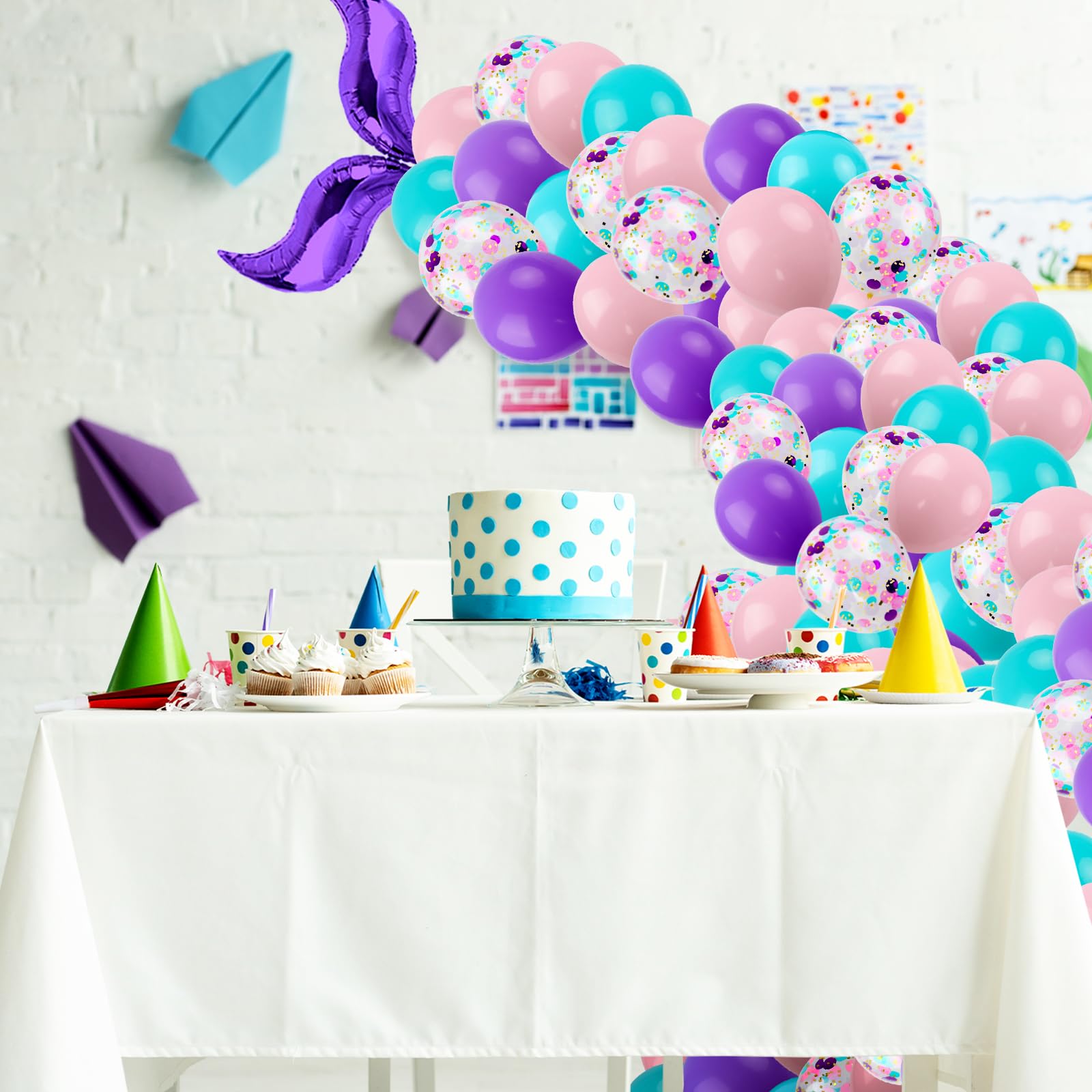 RUBFAC 60pcs Mermaid Balloons with Latex Confetti Balloons, Light Pink Purple Blue Balloons and Ribbons for Birthday Party Decorations Mermaid Party