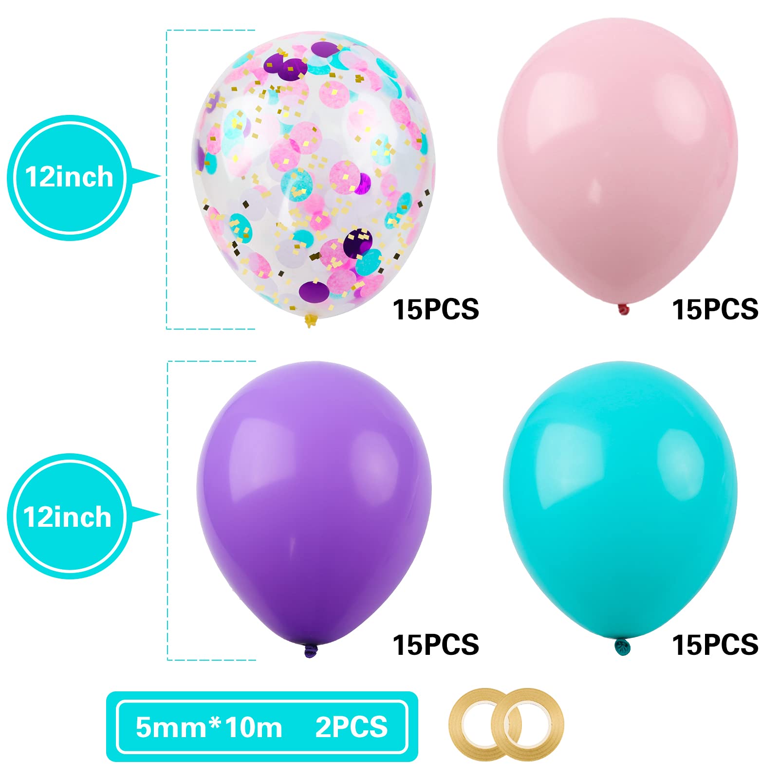 RUBFAC 60pcs Mermaid Balloons with Latex Confetti Balloons, Light Pink Purple Blue Balloons and Ribbons for Birthday Party Decorations Mermaid Party