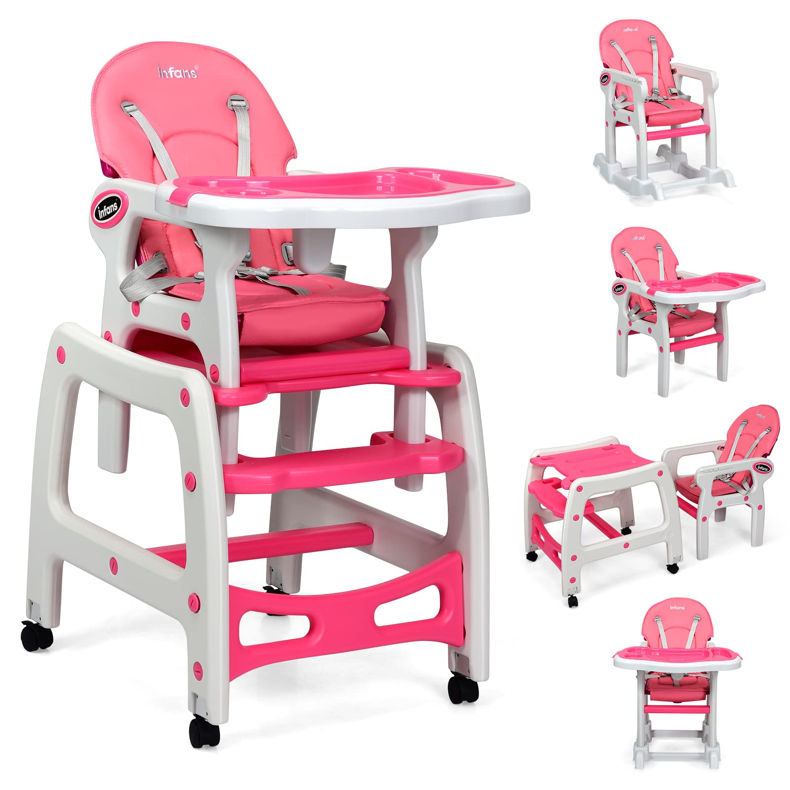 INFANS 5 in 1 Baby High Chair, Convertible Toddler Table Chair Set, Rocking Chair, Multi-Function Seat with Lockable Universal Wheels, Adjustable Seat Back, Removable Trays (Pink)