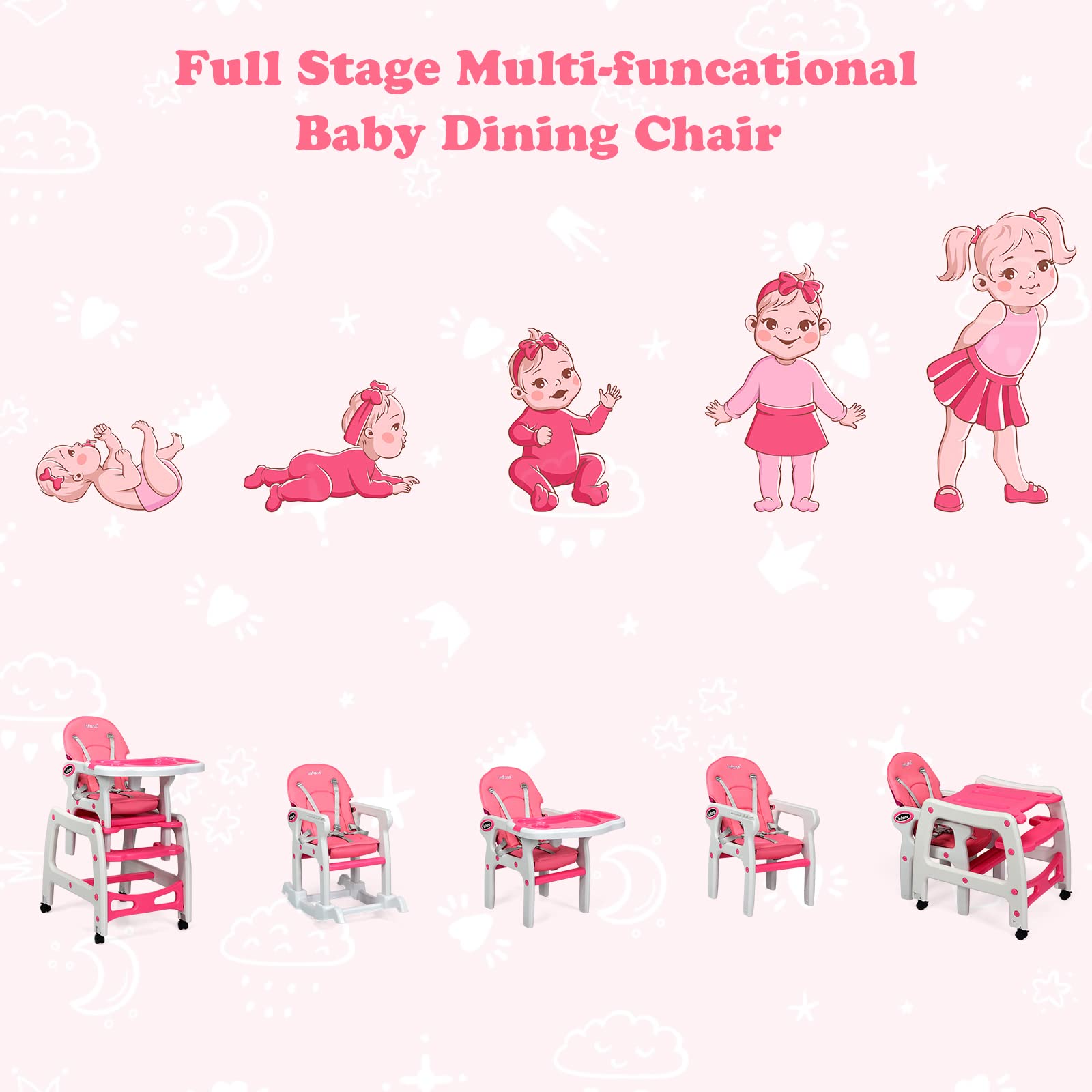 INFANS 5 in 1 Baby High Chair, Convertible Toddler Table Chair Set, Rocking Chair, Multi-Function Seat with Lockable Universal Wheels, Adjustable Seat Back, Removable Trays (Pink)