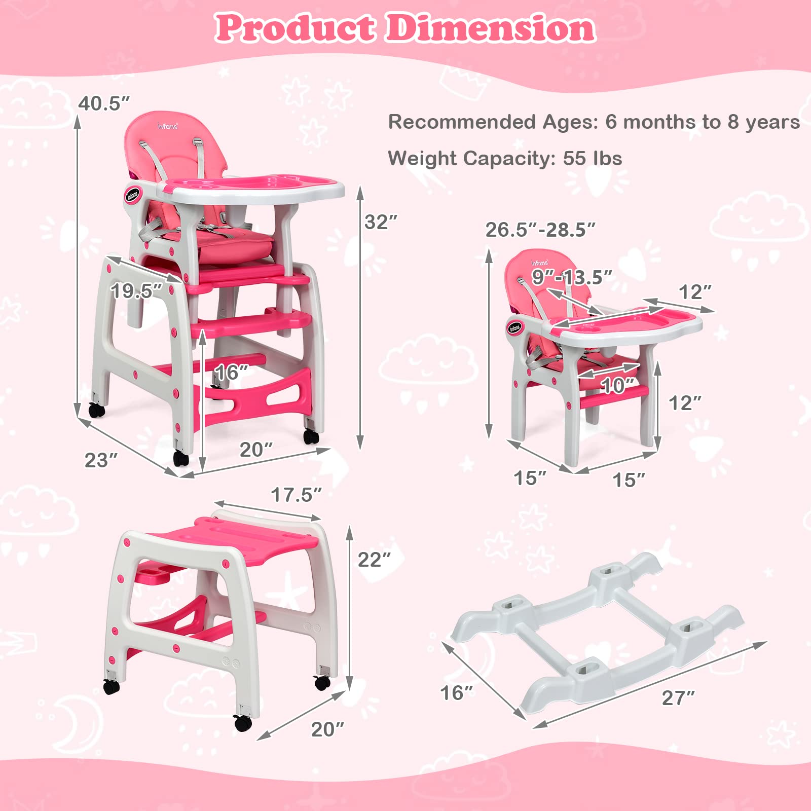 INFANS 5 in 1 Baby High Chair, Convertible Toddler Table Chair Set, Rocking Chair, Multi-Function Seat with Lockable Universal Wheels, Adjustable Seat Back, Removable Trays (Pink)