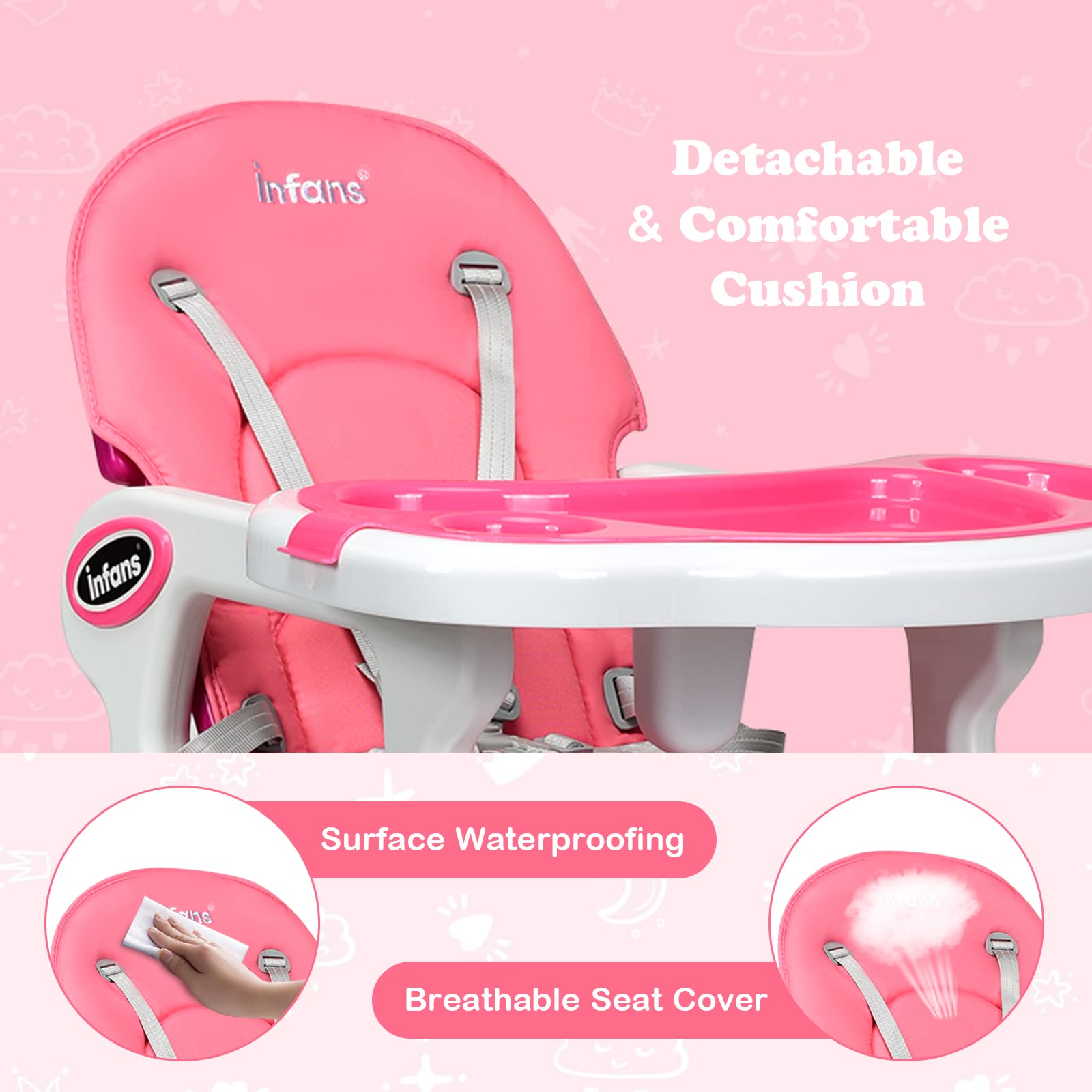 INFANS 5 in 1 Baby High Chair, Convertible Toddler Table Chair Set, Rocking Chair, Multi-Function Seat with Lockable Universal Wheels, Adjustable Seat Back, Removable Trays (Pink)