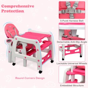 INFANS 5 in 1 Baby High Chair, Convertible Toddler Table Chair Set, Rocking Chair, Multi-Function Seat with Lockable Universal Wheels, Adjustable Seat Back, Removable Trays (Pink)