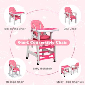 INFANS 5 in 1 Baby High Chair, Convertible Toddler Table Chair Set, Rocking Chair, Multi-Function Seat with Lockable Universal Wheels, Adjustable Seat Back, Removable Trays (Pink)