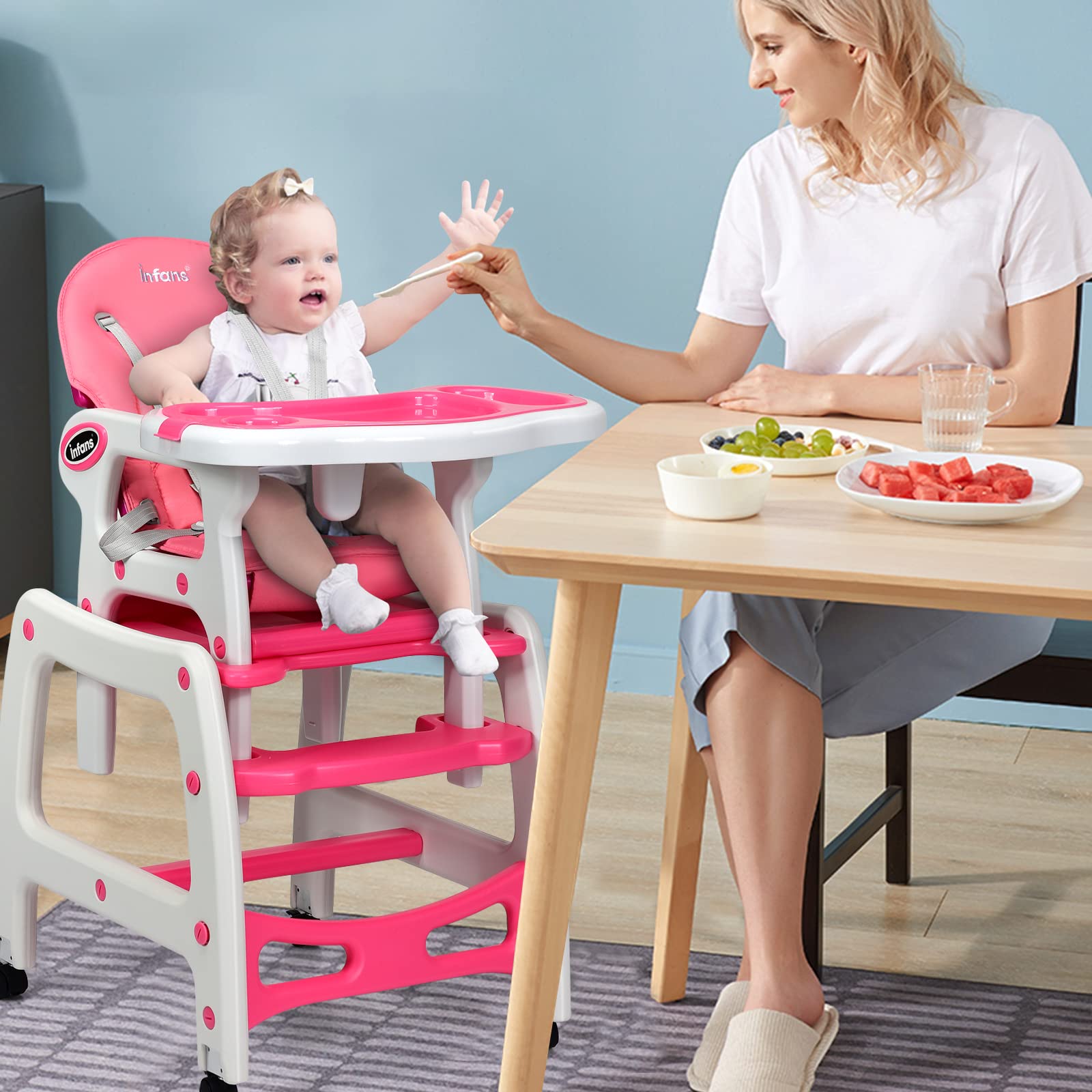 INFANS 5 in 1 Baby High Chair, Convertible Toddler Table Chair Set, Rocking Chair, Multi-Function Seat with Lockable Universal Wheels, Adjustable Seat Back, Removable Trays (Pink)