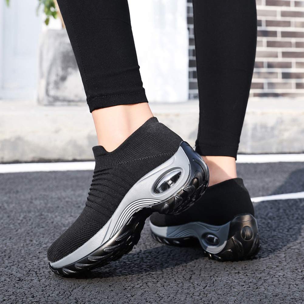 JITTUE Walking Shoes for Women Sneakers Athletic Non Slip on Fashion Running Platform Sock Mesh Lightweight Wedge Shoes (Black US 5.5)