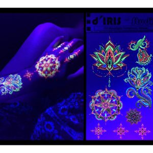 Temporary Tattoos for Glow Party UV Blacklight – 1 Sheet Lotus Floral Body Paint Art Light Festival Accessories Glow in the Dark Makeup | 7.2” x 5.2” Temp Great for EDM EDC Party Rave Parties