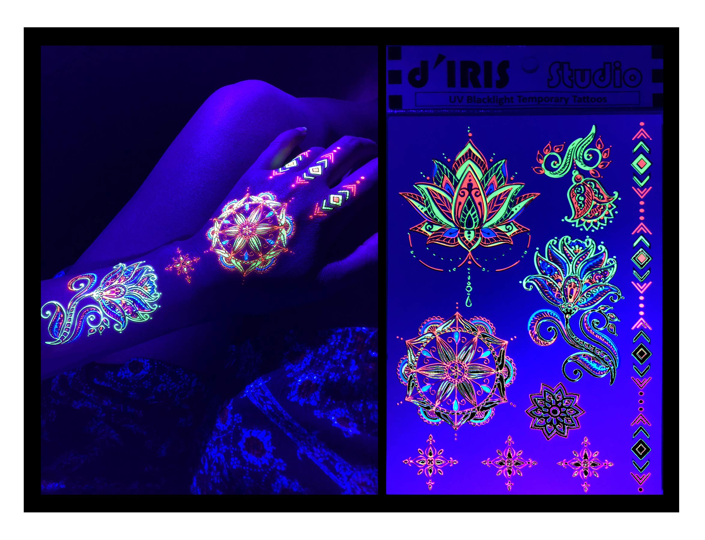 Temporary Tattoos for Glow Party UV Blacklight – 1 Sheet Lotus Floral Body Paint Art Light Festival Accessories Glow in the Dark Makeup | 7.2” x 5.2” Temp Great for EDM EDC Party Rave Parties