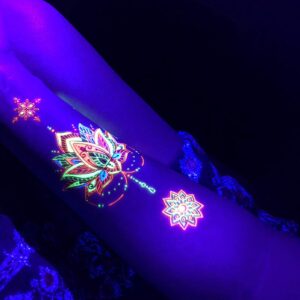 Temporary Tattoos for Glow Party UV Blacklight – 1 Sheet Lotus Floral Body Paint Art Light Festival Accessories Glow in the Dark Makeup | 7.2” x 5.2” Temp Great for EDM EDC Party Rave Parties