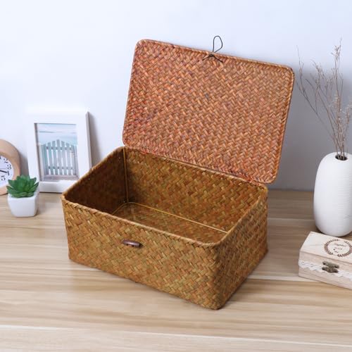 Vosarea Rattan Storage Basket,11 inch,Straw Seaweed Basket,Hand-Woven Storage Basket Multipurpose Container with Lid for Desktop Home Decoration Size L