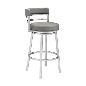armen living madrid 30" bar height swivel modern grey faux leather and brushed stainless steel bar stool for kitchen island counter