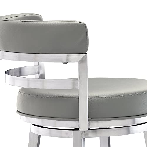 Armen Living Madrid 30" Bar Height Swivel Modern Grey Faux Leather and Brushed Stainless Steel Bar Stool for Kitchen Island Counter