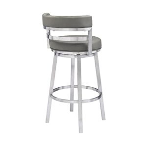 Armen Living Madrid 30" Bar Height Swivel Modern Grey Faux Leather and Brushed Stainless Steel Bar Stool for Kitchen Island Counter
