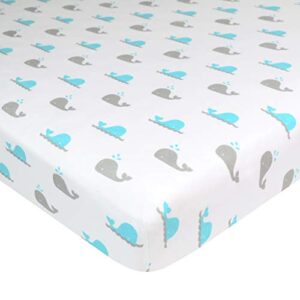 tl care fitted pack n play playard sheet 27" x 39", soft breathable neutral 100% cotton jersey pack and play sheet, aqua whales, for boys and girls, fits most mini crib mattresses