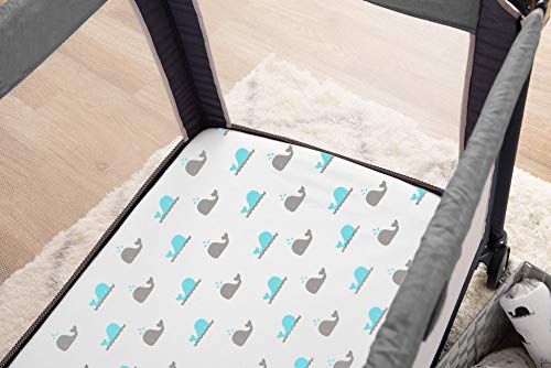 TL Care Fitted Pack N Play Playard Sheet 27" x 39", Soft Breathable Neutral 100% Cotton Jersey Pack and Play Sheet, Aqua Whales, for Boys and Girls, Fits Most Mini Crib Mattresses