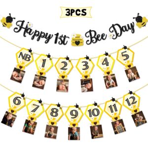 3pcs happy bee day party decorations, bumble honey bee 1st birthday baby photo banner for newborn to 12 months, monthly milestone photograph bunting garland, first birthday celebration decorations