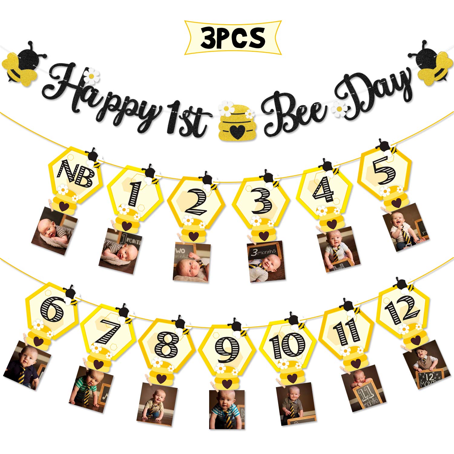 3PCS Happy Bee Day Party Decorations, Bumble Honey Bee 1st Birthday Baby Photo Banner for Newborn to 12 Months, Monthly Milestone Photograph Bunting Garland, First Birthday Celebration Decorations