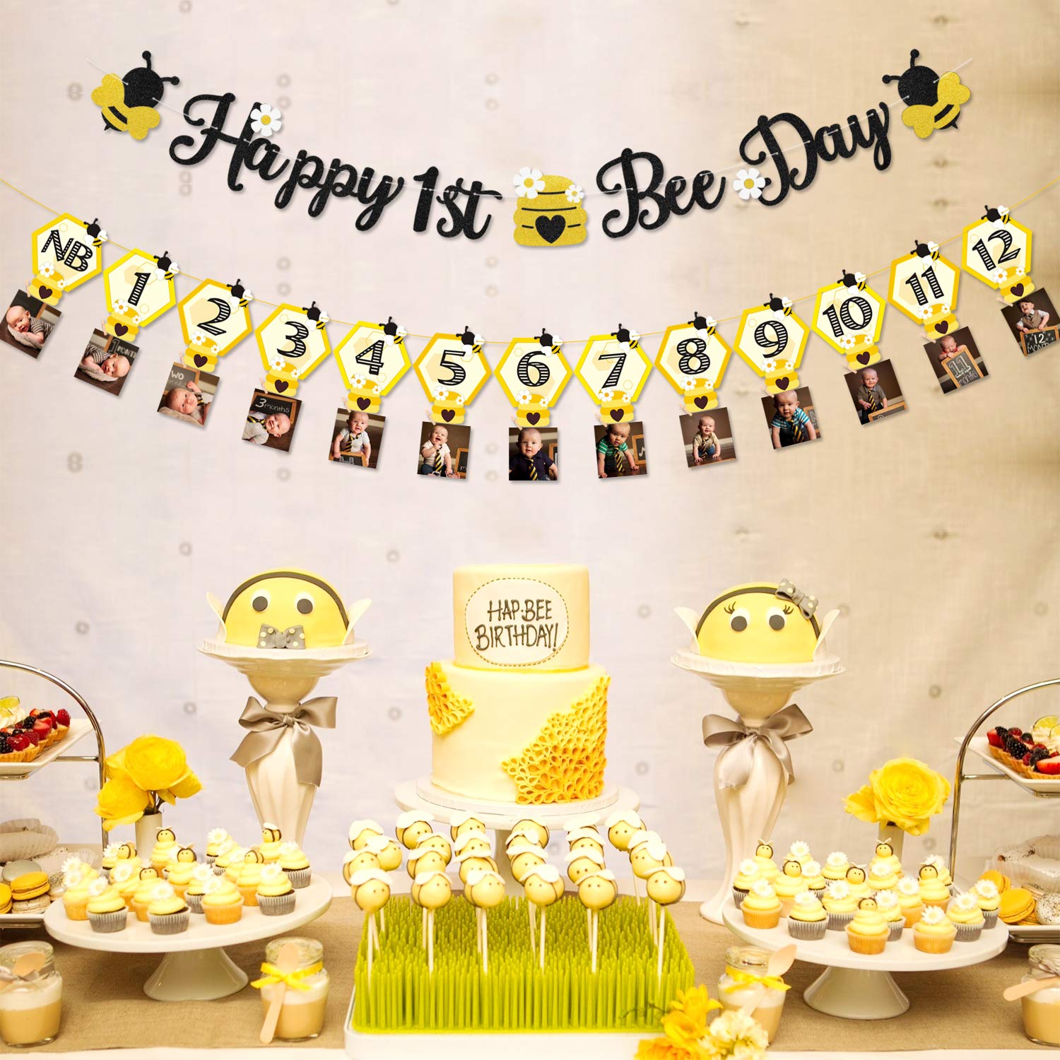 3PCS Happy Bee Day Party Decorations, Bumble Honey Bee 1st Birthday Baby Photo Banner for Newborn to 12 Months, Monthly Milestone Photograph Bunting Garland, First Birthday Celebration Decorations