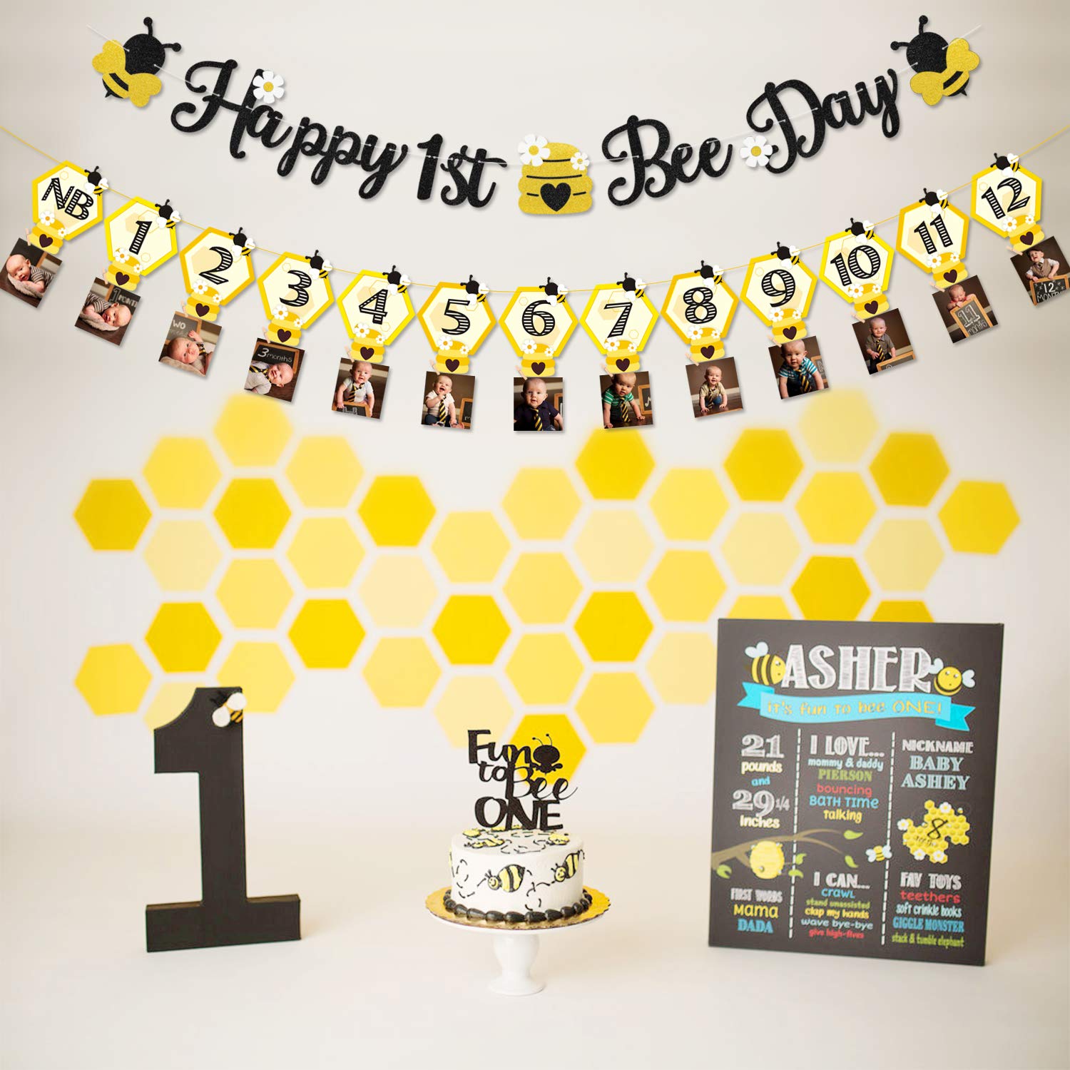 3PCS Happy Bee Day Party Decorations, Bumble Honey Bee 1st Birthday Baby Photo Banner for Newborn to 12 Months, Monthly Milestone Photograph Bunting Garland, First Birthday Celebration Decorations