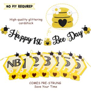 3PCS Happy Bee Day Party Decorations, Bumble Honey Bee 1st Birthday Baby Photo Banner for Newborn to 12 Months, Monthly Milestone Photograph Bunting Garland, First Birthday Celebration Decorations