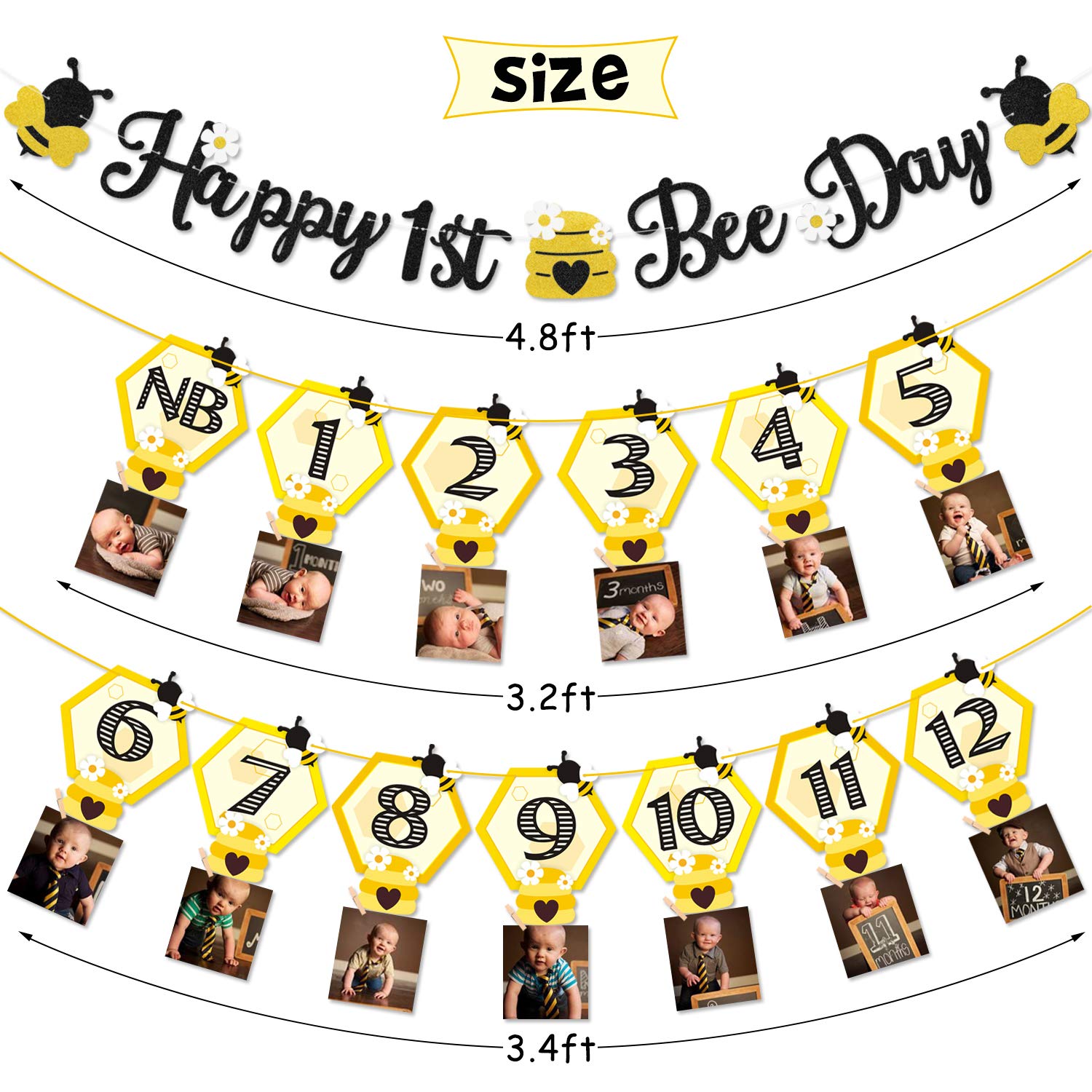 3PCS Happy Bee Day Party Decorations, Bumble Honey Bee 1st Birthday Baby Photo Banner for Newborn to 12 Months, Monthly Milestone Photograph Bunting Garland, First Birthday Celebration Decorations