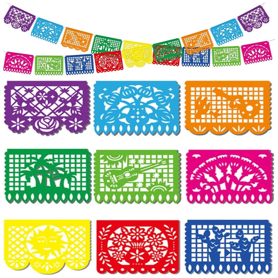 DomeStar Mexican Party Banner, 18 Feet Plastic Fiesta Banner Cinco de Mayo Dia De Los Muertos Decor Day of The Dead Papel Picado Decorations Mexican Fiesta Garland for Mexican Party Supplies