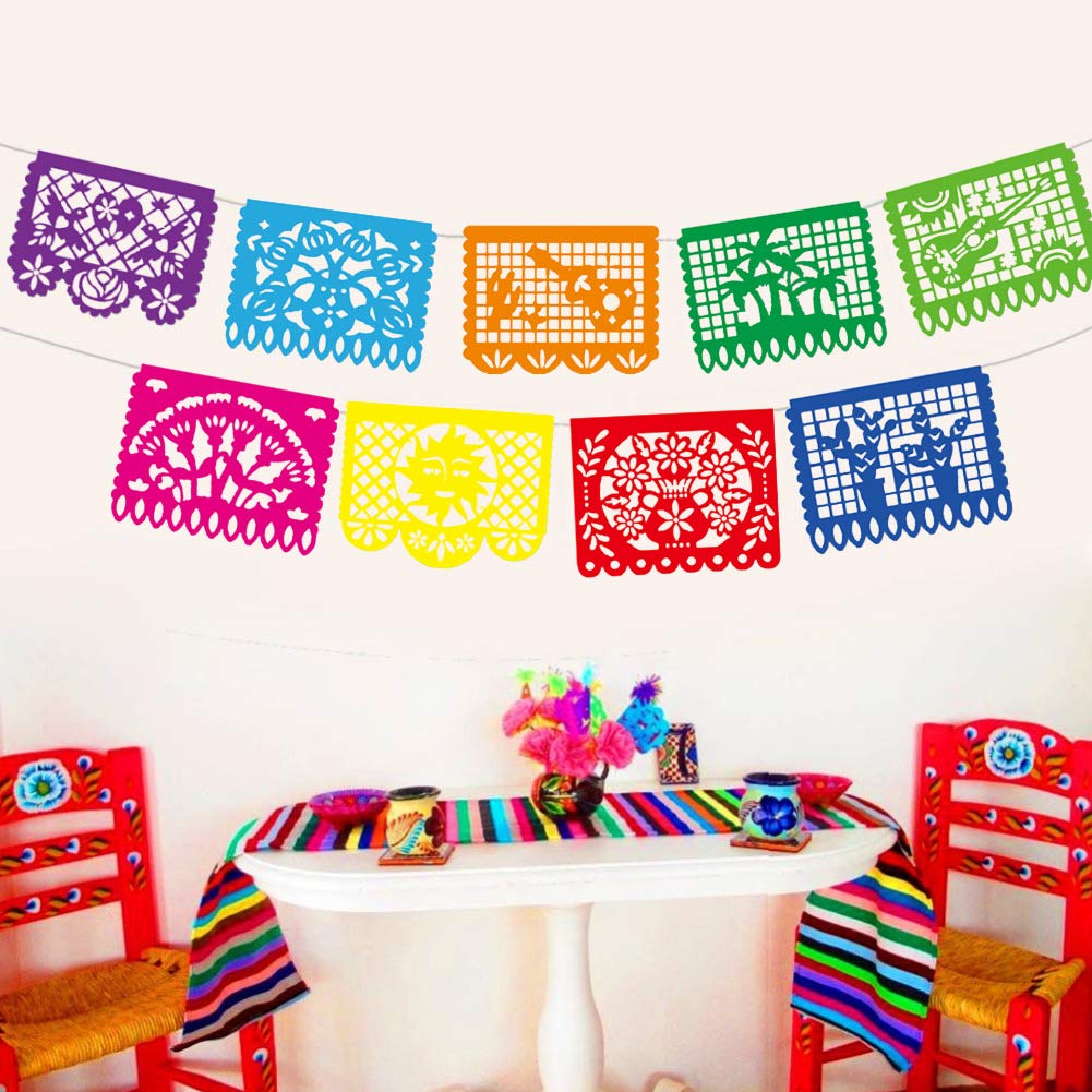 DomeStar Mexican Party Banner, 18 Feet Plastic Fiesta Banner Cinco de Mayo Dia De Los Muertos Decor Day of The Dead Papel Picado Decorations Mexican Fiesta Garland for Mexican Party Supplies