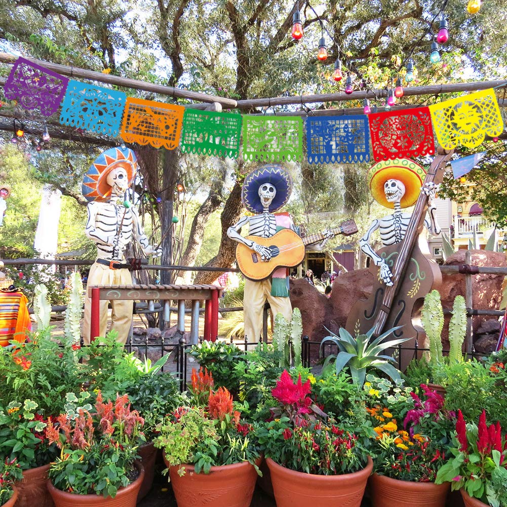 DomeStar Mexican Party Banner, 18 Feet Plastic Fiesta Banner Cinco de Mayo Dia De Los Muertos Decor Day of The Dead Papel Picado Decorations Mexican Fiesta Garland for Mexican Party Supplies