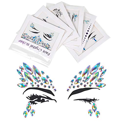 Halloween Face jewels festival Women Mermaid Face Gems Glitter 6 Sets Rhinestone Rave Festival Face Jewels,Crystals Face Stickers Eyes Face Body Temporary Tattoos