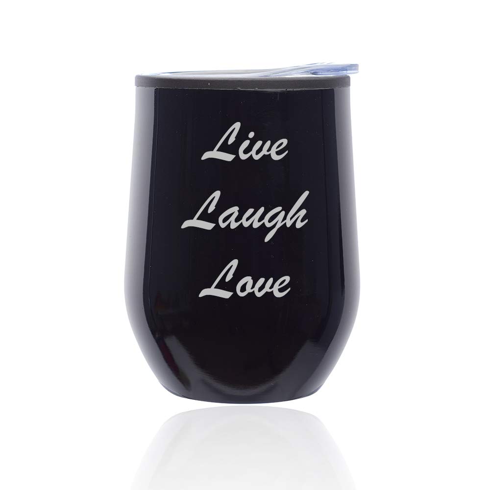 Stemless Wine Tumbler Coffee Travel Mug Glass With Lid Live Laugh Love (Midnight Black)