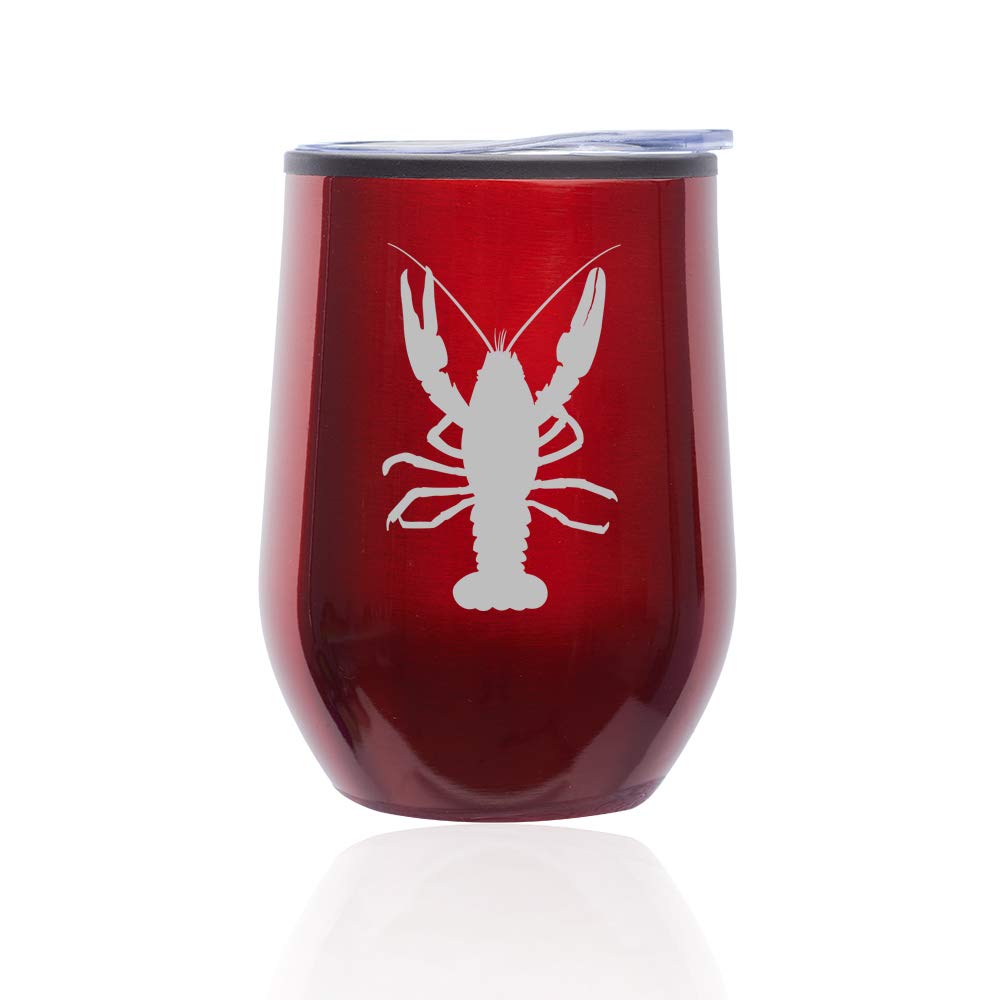Stemless Wine Tumbler Coffee Travel Mug Glass With Lid Lobster (Red)