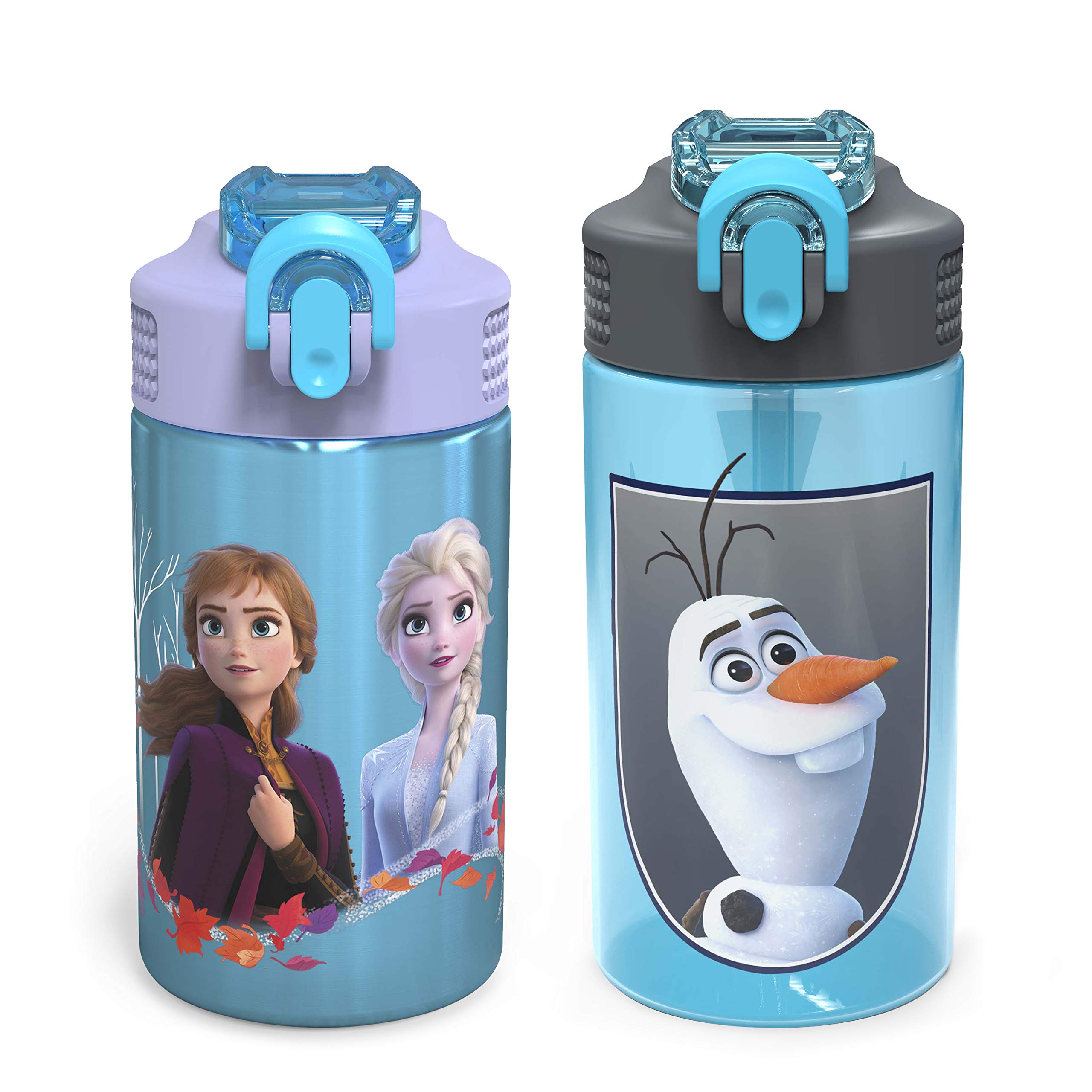 Zak Designs Disney Frozen 2 Kids Water Bottle Set with Reusable Straws and Built in Carrying Loops, Made of Durable Stainless Steel & Plastic, Leak-Proof Bottle Design (Elsa/Anna, BPA-Free, 2pc Set)