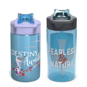 Zak Designs Disney Frozen 2 Kids Water Bottle Set with Reusable Straws and Built in Carrying Loops, Made of Durable Stainless Steel & Plastic, Leak-Proof Bottle Design (Elsa/Anna, BPA-Free, 2pc Set)