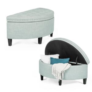 joveco storage bench half moon button tufted ottoman with rivet storage room organizer for living room bedroom entryway (light blue)