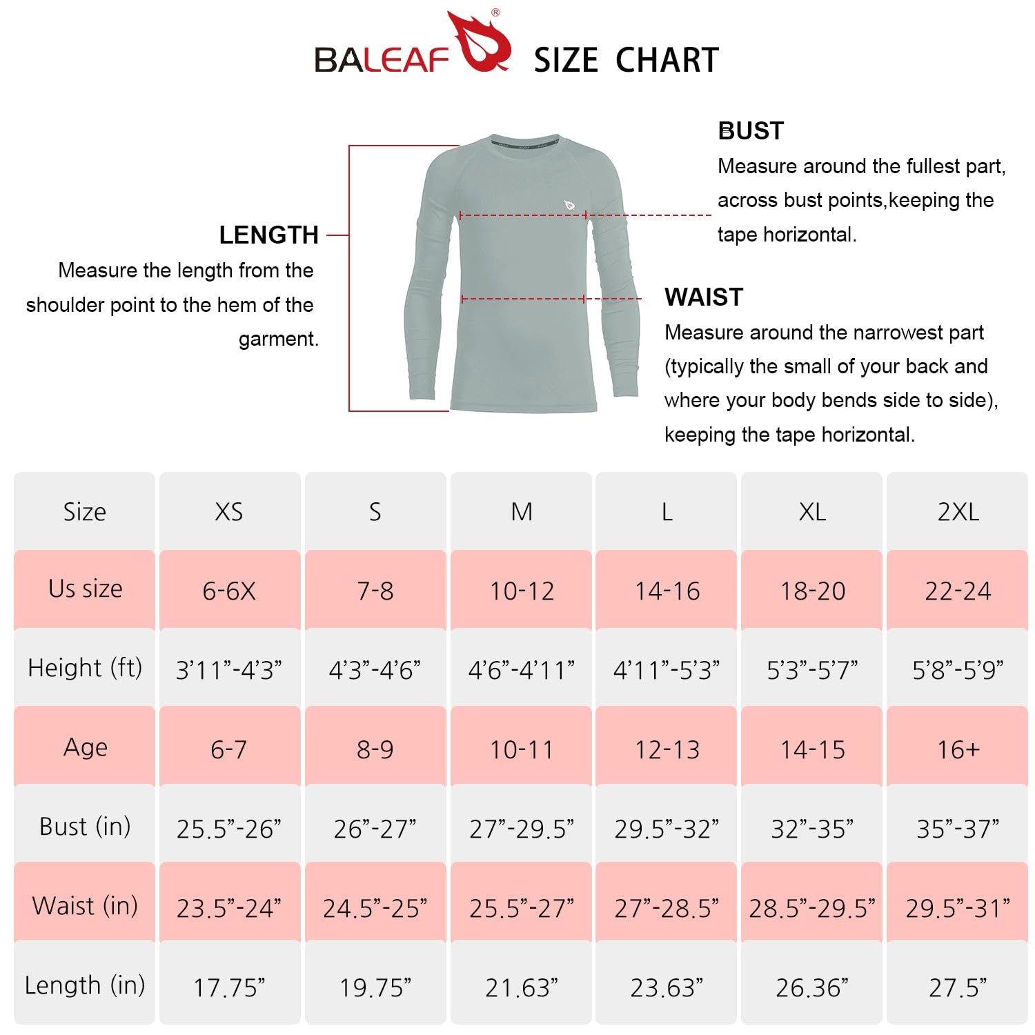 BALEAF Boys Compression Shirt Long Sleeve Youth Undershirts Kids Football Baseball Baselayer Cold Gear Quick Dry White Size M