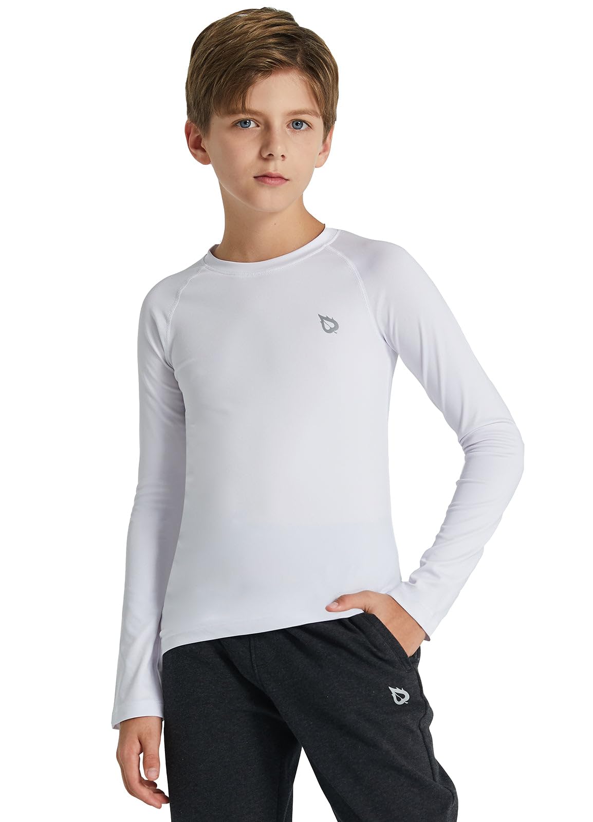 BALEAF Boys Compression Shirt Long Sleeve Youth Undershirts Kids Football Baseball Baselayer Cold Gear Quick Dry White Size M
