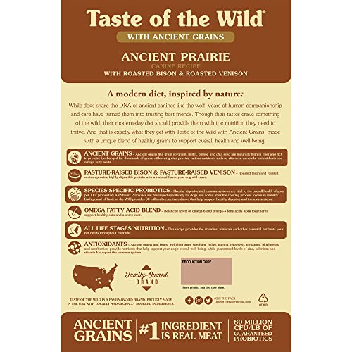 Taste of the Wild with Ancient Grains, Ancient Prairie Canine Recipe with Roasted Bison and Venison Dry Dog Food, Made with High Protein from Real Meat and Guaranteed Nutrients and Probiotics 28lb