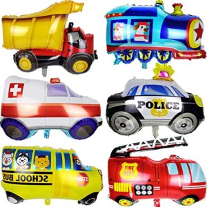 timecity 6pcs car balloons big construction truck fire truck train ambulance police car school bus foil balloons vehicles balloons for kids gifts boys birthday party supplies cute baby shower decor