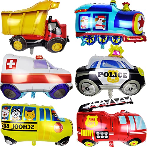 timecity 6pcs Car Balloons Big Construction Truck Fire Truck Train Ambulance Police Car School Bus Foil Balloons Vehicles Balloons for Kids Gifts Boys Birthday Party Supplies Cute Baby Shower Decor